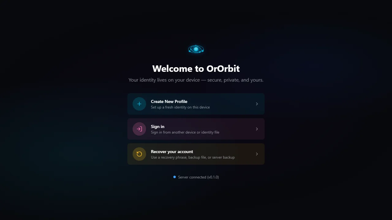 OrOrbit welcome / connect-to-server screen